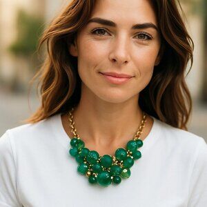Statement Necklace Green Beaded Fringe Gold Tone Chain Adjustable Length